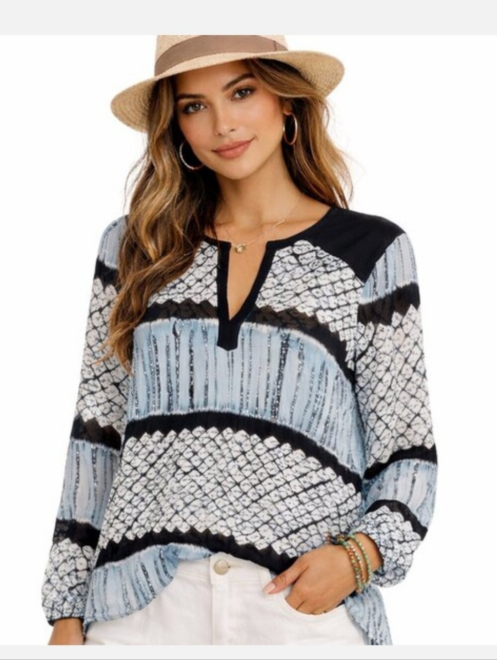 Calypso St. Barth Light Blue, Navy & White Patterned 100% Silk Long-Sleeve Top - Picture 1 of 9